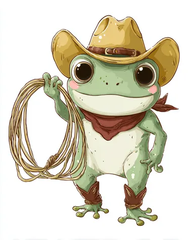 A cute cartoon frog wearing a cowboy hat and boots, holding a lasso, isolated on white background, sticker design, clean lines, transparent background look, bold outline, no shadows, no background