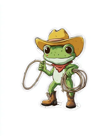 A cute cartoon frog wearing a cowboy hat and boots, holding a lasso, isolated on white background, sticker design, clean lines, transparent background look, bold outline, no shadows, no background