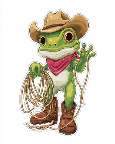 A cute cartoon frog wearing a cowboy hat and boots, holding a lasso, isolated on white background, sticker design, clean lines, transparent background look, bold outline, no shadows, no background