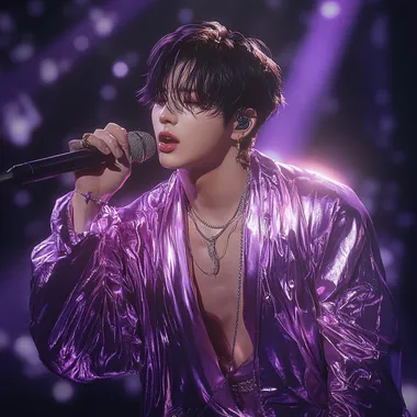 A Japanese five-member dance and vocal idol group, featuring a member known for his ethereal beauty and role as the visual lead. With a clear singing voice and a soft demeanor, he captivates fans. Positioned as the sub-vocalist and visual lead, his image color is mystic violet. Capture a live performance scene in a realistic style. The image should have a realistic aesthetic, capturing the essence of a professional photograph. ultra-detailed, hyper-realistic style