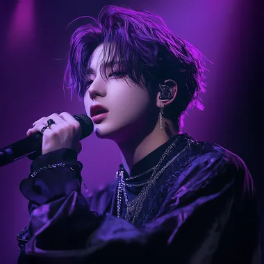 A Japanese five-member dance and vocal idol group, featuring a member known for his ethereal beauty and role as the visual lead. With a clear singing voice and a soft demeanor, he captivates fans. Positioned as the sub-vocalist and visual lead, his image color is mystic violet. Capture a live performance scene in a realistic style. The image should have a realistic aesthetic, capturing the essence of a professional photograph. ultra-detailed, hyper-realistic style