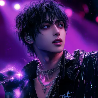 A Japanese five-member dance and vocal idol group, featuring a member known for his ethereal beauty and role as the visual lead. With a clear singing voice and a soft demeanor, he captivates fans. Positioned as the sub-vocalist and visual lead, his image color is mystic violet. Capture a live performance scene in a realistic style. The image should have a realistic aesthetic, capturing the essence of a professional photograph. ultra-detailed, hyper-realistic style