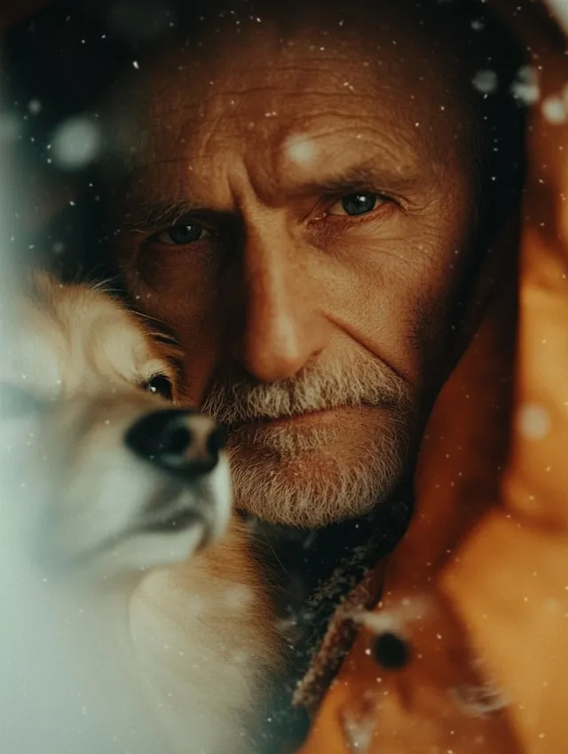 Sad old man in snowy park cradling dog under jacket, minimalist scene