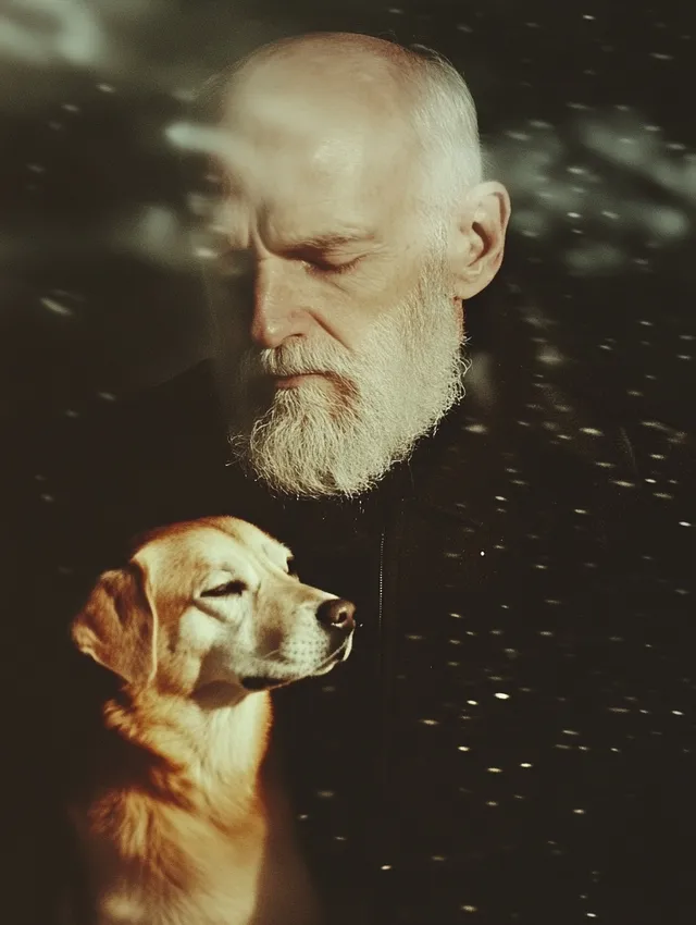 Sad old man in snowy landscape hides dog under jacket, minimalist scene
