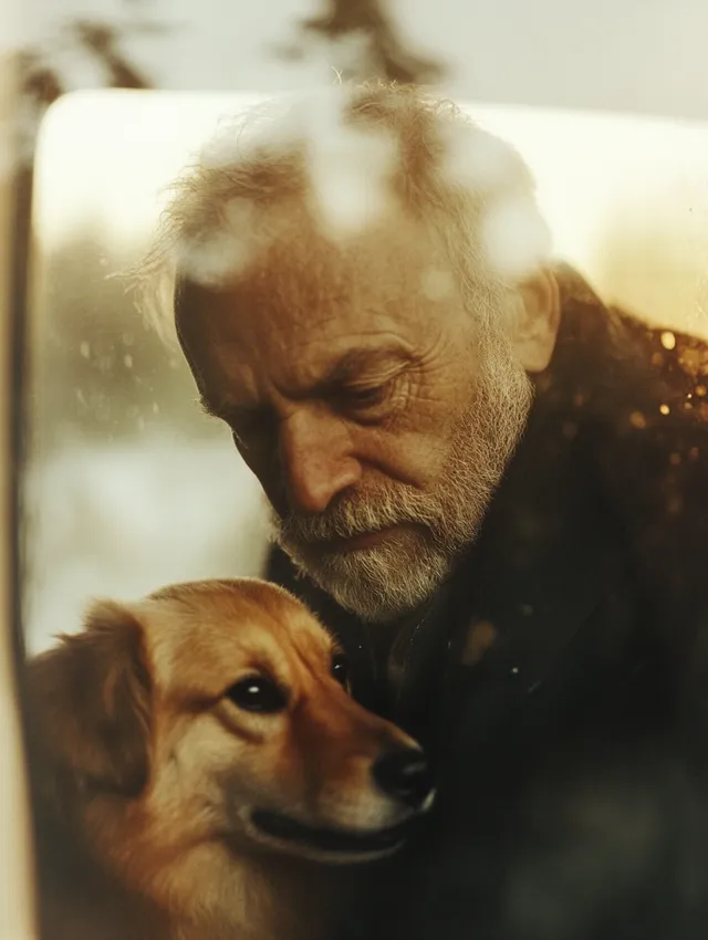 Sad old man hides dog under jacket by window during snowfall