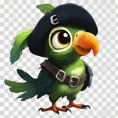 A green parrot pirate with simple facial expressions, sideways, Sitting on a branchTurned:: sideway:: face straight, sleepy face, wearing a black hat against a white background in the style of 3D game art. 3D rendered in a cartoonish and simple design, this cute character concept art could be used for mobile games. for mobile games from a 45 degree angle. The design is simple.