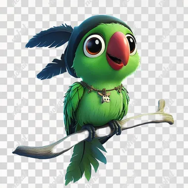 A green parrot pirate with simple facial expressions, sideways, Sitting on a branchTurned:: sideway:: face straight, sleepy face, wearing a black hat against a white background in the style of 3D game art. 3D rendered in a cartoonish and simple design, this cute character concept art could be used for mobile games. for mobile games from a 45 degree angle. The design is simple.