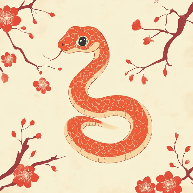 Cute Snake on Tree Branch in Chinese Zodiac Traditional Style Art