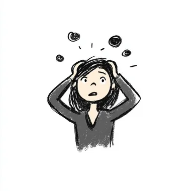 simple cartoon of a female stick figure with hands on her head looking surprised and concentrating