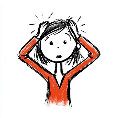 simple cartoon of a female stick figure with hands on her head looking surprised and concentrating