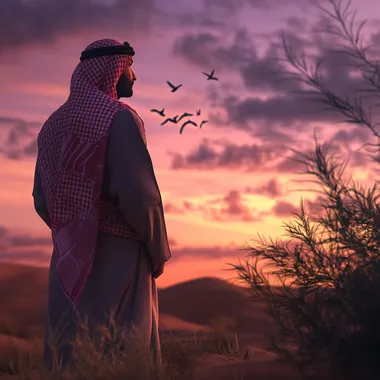 Create a highly realistic scene featuring a man in traditional Saudi attire (thobe and red-checkered shemagh) standing in a desert at sunset. The background should feature a dramatic, softly lit sky with realistic clouds in hues of purple, orange, and pink. There should be birds flying in the distance, and subtle natural elements like a blurred tree branch in the foreground for depth. Ensure the man and the environment look photorealistic, with natural lighting and shadows, and add Arabic calligraphy text subtly in the background
