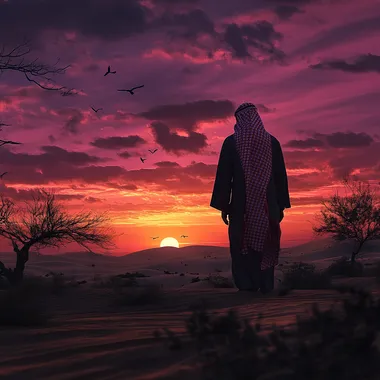 Create a highly realistic scene featuring a man in traditional Saudi attire (thobe and red-checkered shemagh) standing in a desert at sunset. The background should feature a dramatic, softly lit sky with realistic clouds in hues of purple, orange, and pink. There should be birds flying in the distance, and subtle natural elements like a blurred tree branch in the foreground for depth. Ensure the man and the environment look photorealistic, with natural lighting and shadows, and add Arabic calligraphy text subtly in the background