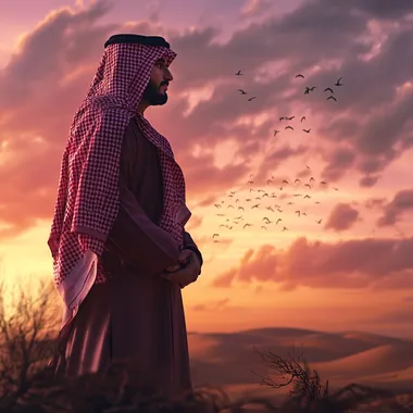 Create a highly realistic scene featuring a man in traditional Saudi attire (thobe and red-checkered shemagh) standing in a desert at sunset. The background should feature a dramatic, softly lit sky with realistic clouds in hues of purple, orange, and pink. There should be birds flying in the distance, and subtle natural elements like a blurred tree branch in the foreground for depth. Ensure the man and the environment look photorealistic, with natural lighting and shadows, and add Arabic calligraphy text subtly in the background