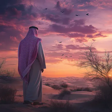 Create a highly realistic scene featuring a man in traditional Saudi attire (thobe and red-checkered shemagh) standing in a desert at sunset. The background should feature a dramatic, softly lit sky with realistic clouds in hues of purple, orange, and pink. There should be birds flying in the distance, and subtle natural elements like a blurred tree branch in the foreground for depth. Ensure the man and the environment look photorealistic, with natural lighting and shadows, and add Arabic calligraphy text subtly in the background