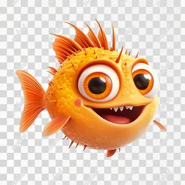 [2D casual character] round adult spiny fish with emotions, white background, for mobile game, pixar style
