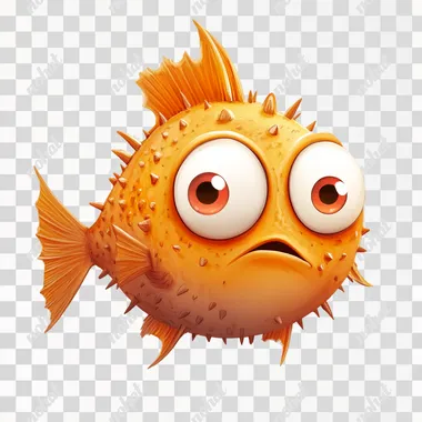 [2D casual character] round adult spiny fish with emotions, white background, for mobile game, pixar style