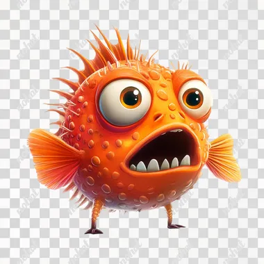 [2D casual character] round adult spiny fish with emotions, white background, for mobile game, pixar style