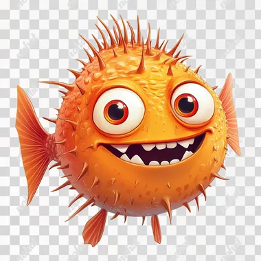[2D casual character] round adult spiny fish with emotions, white background, for mobile game, pixar style