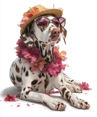 A majestic white with brown spots Dalmatian dog wearing hat,sunglasses and lei full-body lying pose, on a white background, photorealistic style.