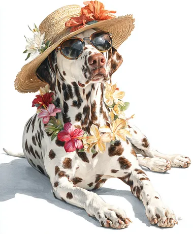 A majestic white with brown spots Dalmatian dog wearing hat,sunglasses and lei full-body lying pose, on a white background, photorealistic style.