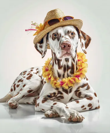 A majestic white with brown spots Dalmatian dog wearing hat,sunglasses and lei full-body lying pose, on a white background, photorealistic style.