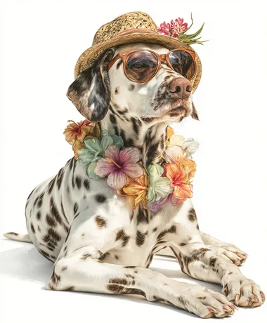 A majestic white with brown spots Dalmatian dog wearing hat,sunglasses and lei full-body lying pose, on a white background, photorealistic style.