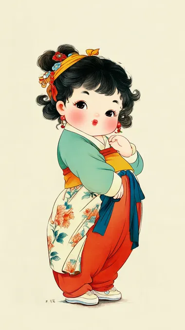 Ancient Chinese style cute cartoon girl, full-body portrait, three-part composition, indoor scene, elegant colors, soft overhead light, hand-drawn style, chubby round face, sweet expression.