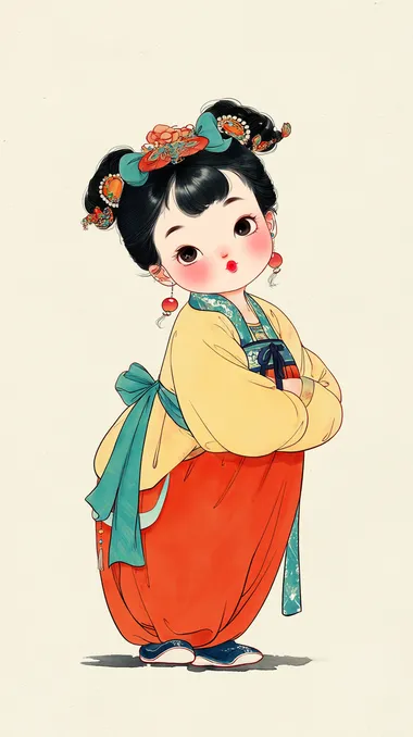 Ancient Chinese style cute cartoon girl, full-body portrait, three-part composition, indoor scene, elegant colors, soft overhead light, hand-drawn style, chubby round face, sweet expression.