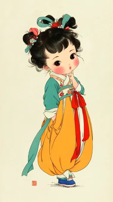 Ancient Chinese style cute cartoon girl, full-body portrait, three-part composition, indoor scene, elegant colors, soft overhead light, hand-drawn style, chubby round face, sweet expression.