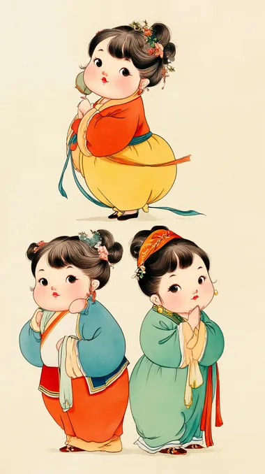 Ancient Chinese style cute cartoon girl, full-body portrait, three-part composition, indoor scene, elegant colors, soft overhead light, hand-drawn style, chubby round face, sweet expression.