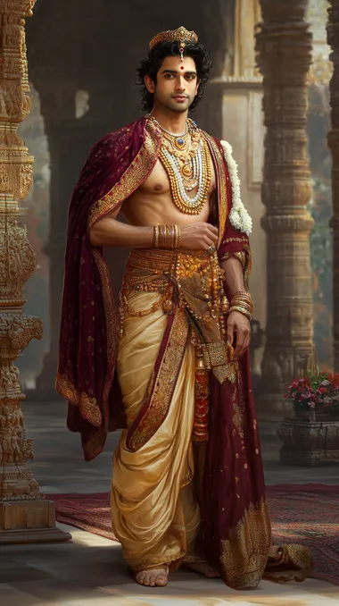 Raja Ravi Verma's detailed potrait of A grand and royal depiction of King Chandrasen of Ujjain, standing in his magnificent palace hall, radiating authority and devotion. He is dressed in an intricately embroidered golden and maroon silk dhoti, with a rich shawl draped over his shoulder. His crown, adorned with precious gemstones, glows under the soft temple lights. His eyes are sharp yet compassionate, reflecting both his wisdom as a ruler and his deep devotion to Lord Shiva.In one hand, he holds a sacred rudraksha mala, symbolizing his unwavering faith in Mahadev, while his other hand rests on the hilt of a beautifully crafted sword, showcasing his warrior spirit. Behind him, grand pillars with intricate carvings depict the stories of Shiva, and a large temple bell hangs in the background, adding to the divine ambiance. Soft rays of golden sunlight filter through the palace windows, illuminating the divine aura of this legendary king of Ujjain. Hyper-realistic, cinematic lighting, ultra-detailed, Full HD, DTM, movie still image