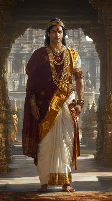 Raja Ravi Verma's detailed potrait of A grand and royal depiction of King Chandrasen of Ujjain, standing in his magnificent palace hall, radiating authority and devotion. He is dressed in an intricately embroidered golden and maroon silk dhoti, with a rich shawl draped over his shoulder. His crown, adorned with precious gemstones, glows under the soft temple lights. His eyes are sharp yet compassionate, reflecting both his wisdom as a ruler and his deep devotion to Lord Shiva.In one hand, he holds a sacred rudraksha mala, symbolizing his unwavering faith in Mahadev, while his other hand rests on the hilt of a beautifully crafted sword, showcasing his warrior spirit. Behind him, grand pillars with intricate carvings depict the stories of Shiva, and a large temple bell hangs in the background, adding to the divine ambiance. Soft rays of golden sunlight filter through the palace windows, illuminating the divine aura of this legendary king of Ujjain. Hyper-realistic, cinematic lighting, ultra-detailed, Full HD, DTM, movie still image
