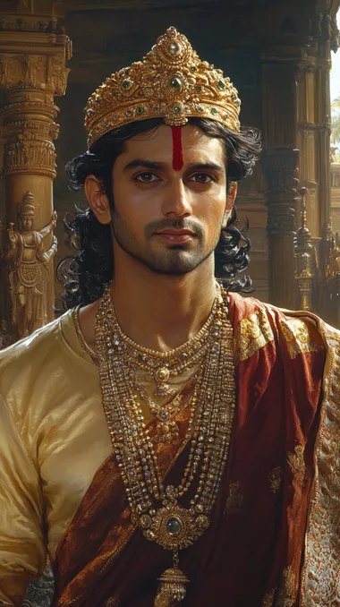 Raja Ravi Verma's detailed potrait of A grand and royal depiction of King Chandrasen of Ujjain, standing in his magnificent palace hall, radiating authority and devotion. He is dressed in an intricately embroidered golden and maroon silk dhoti, with a rich shawl draped over his shoulder. His crown, adorned with precious gemstones, glows under the soft temple lights. His eyes are sharp yet compassionate, reflecting both his wisdom as a ruler and his deep devotion to Lord Shiva.In one hand, he holds a sacred rudraksha mala, symbolizing his unwavering faith in Mahadev, while his other hand rests on the hilt of a beautifully crafted sword, showcasing his warrior spirit. Behind him, grand pillars with intricate carvings depict the stories of Shiva, and a large temple bell hangs in the background, adding to the divine ambiance. Soft rays of golden sunlight filter through the palace windows, illuminating the divine aura of this legendary king of Ujjain. Hyper-realistic, cinematic lighting, ultra-detailed, Full HD, DTM, movie still image