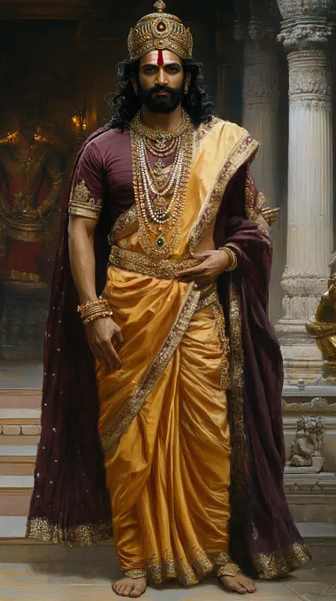 Raja Ravi Verma's detailed potrait of A grand and royal depiction of King Chandrasen of Ujjain, standing in his magnificent palace hall, radiating authority and devotion. He is dressed in an intricately embroidered golden and maroon silk dhoti, with a rich shawl draped over his shoulder. His crown, adorned with precious gemstones, glows under the soft temple lights. His eyes are sharp yet compassionate, reflecting both his wisdom as a ruler and his deep devotion to Lord Shiva.In one hand, he holds a sacred rudraksha mala, symbolizing his unwavering faith in Mahadev, while his other hand rests on the hilt of a beautifully crafted sword, showcasing his warrior spirit. Behind him, grand pillars with intricate carvings depict the stories of Shiva, and a large temple bell hangs in the background, adding to the divine ambiance. Soft rays of golden sunlight filter through the palace windows, illuminating the divine aura of this legendary king of Ujjain. Hyper-realistic, cinematic lighting, ultra-detailed, Full HD, DTM, movie still image