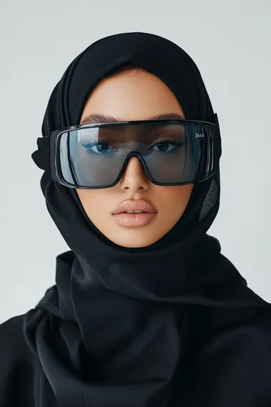 a realistic photo of an attractive Muslim female model, avant-garde black Balmain skiing glasses , white background, highly minimalistic