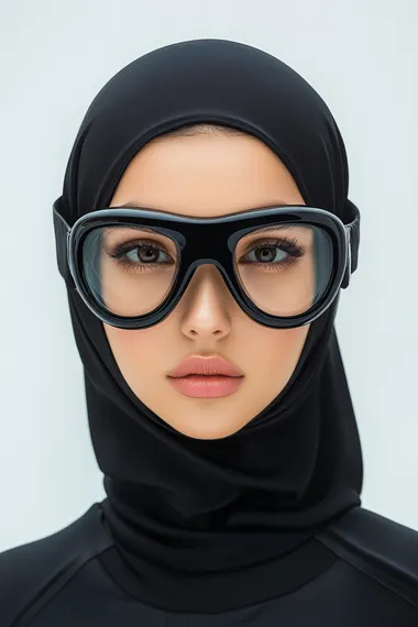 a realistic photo of an attractive Muslim female model, avant-garde black Balmain skiing glasses , white background, highly minimalistic