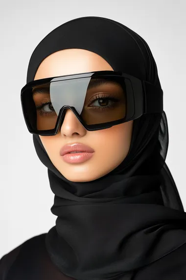 a realistic photo of an attractive Muslim female model, avant-garde black Balmain skiing glasses , white background, highly minimalistic