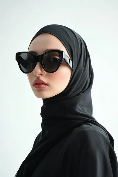 a realistic photo of an attractive Muslim female model, avant-garde black Balmain skiing glasses , white background, highly minimalistic