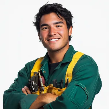 a cheerful and animated young professional with a friendly and approachable expression. he is a white american with black hair and thick eyebrows. he has his arms crossed and is front and is smiling to the camera. He wears a green utility uniform with yellow accents, including tools in his chest pocket and straps over his shoulders. The background is clean and white, emphasizing the subject, who appears confident and ready to assist. --s 250