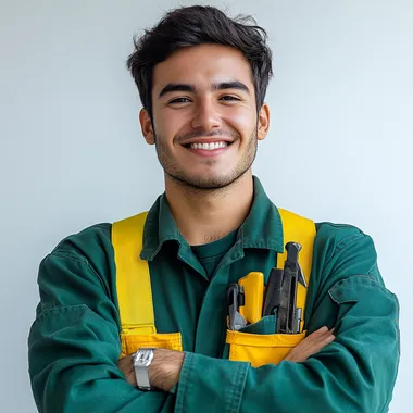 a cheerful and animated young professional with a friendly and approachable expression. he is a white american with black hair and thick eyebrows. he has his arms crossed and is front and is smiling to the camera. He wears a green utility uniform with yellow accents, including tools in his chest pocket and straps over his shoulders. The background is clean and white, emphasizing the subject, who appears confident and ready to assist. --s 250
