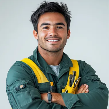a cheerful and animated young professional with a friendly and approachable expression. he is a white american with black hair and thick eyebrows. he has his arms crossed and is front and is smiling to the camera. He wears a green utility uniform with yellow accents, including tools in his chest pocket and straps over his shoulders. The background is clean and white, emphasizing the subject, who appears confident and ready to assist. --s 250