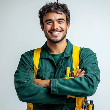 a cheerful and animated young professional with a friendly and approachable expression. he is a white american with black hair and thick eyebrows. he has his arms crossed and is front and is smiling to the camera. He wears a green utility uniform with yellow accents, including tools in his chest pocket and straps over his shoulders. The background is clean and white, emphasizing the subject, who appears confident and ready to assist. --s 250