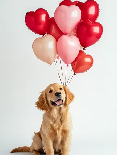 Heart-shaped balloons in different shades of red and pink, on a white background with a young Blonde Golden retriever puppy holding the balloon strings in its mouth  --s 250