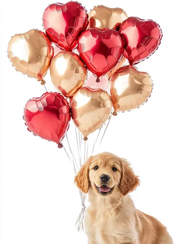 Heart-shaped balloons in different shades of red and pink, on a white background with a young Blonde Golden retriever puppy holding the balloon strings in its mouth  --s 250