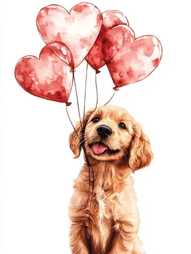 Heart-shaped balloons in different shades of red and pink, on a white background with a young Blonde Golden retriever puppy holding the balloon strings in its mouth  --s 250