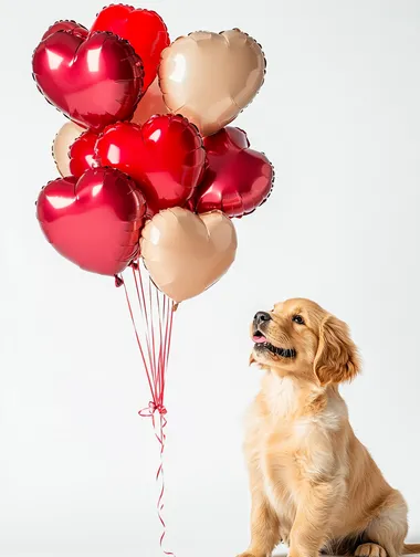 Heart-shaped balloons in different shades of red and pink, on a white background with a young Blonde Golden retriever puppy holding the balloon strings in its mouth  --s 250