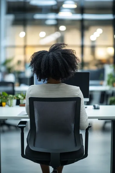 An african female employee sitting at her desk, shot from behind at a slight angle, as she is happily enjoying her work as a project manager, in a well lit, modern office