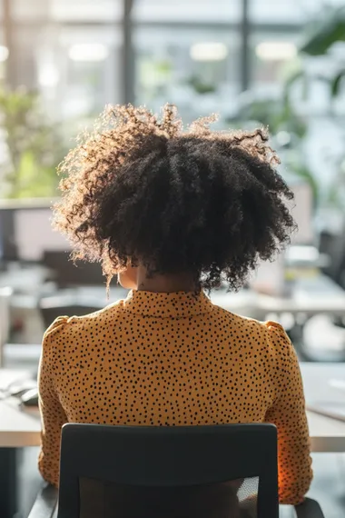 An african female employee sitting at her desk, shot from behind at a slight angle, as she is happily enjoying her work as a project manager, in a well lit, modern office