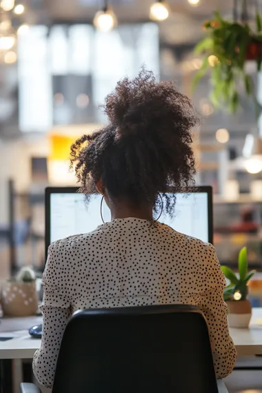 An african female employee sitting at her desk, shot from behind at a slight angle, as she is happily enjoying her work as a project manager, in a well lit, modern office