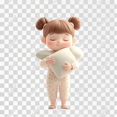 3D graphic illustrationA standing little girl, dressed in pajamas, is holding a pillow in her arms, eyes closed, wearing a sweet smile.a simple shape and design, a children's toy-like style, a C4D rendering, a white background, Beautiful color scheme, cartoon elements, and no human figure. The overall feel is warm and comfortable4k .